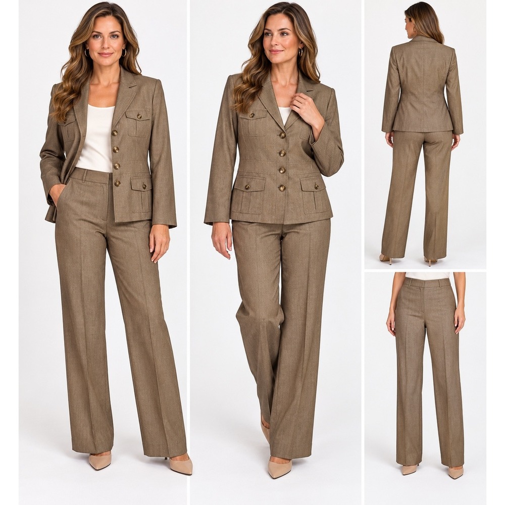 Kasper Womens Tan Heathered 5-Button Blazer and Wide Leg Pant Suit Set 16P